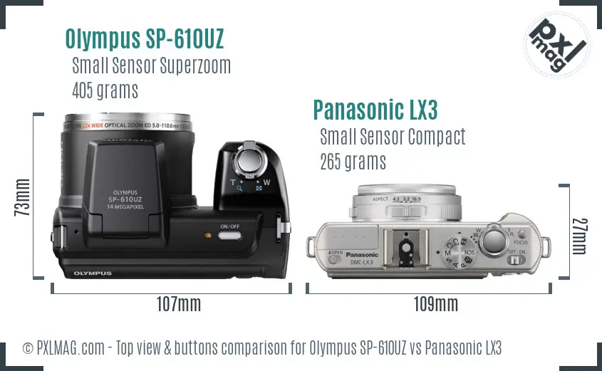 Olympus SP-610UZ vs Panasonic LX3 top view buttons comparison