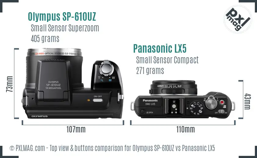 Olympus SP-610UZ vs Panasonic LX5 top view buttons comparison
