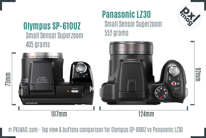 Olympus SP-610UZ vs Panasonic LZ30 top view buttons comparison