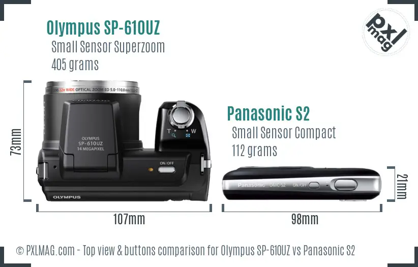 Olympus SP-610UZ vs Panasonic S2 top view buttons comparison