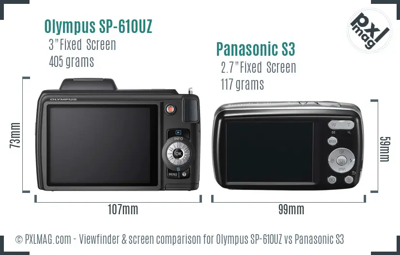 Olympus SP-610UZ vs Panasonic S3 Screen and Viewfinder comparison