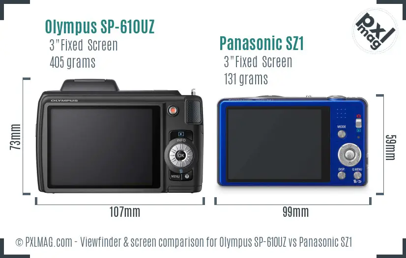Olympus SP-610UZ vs Panasonic SZ1 Screen and Viewfinder comparison
