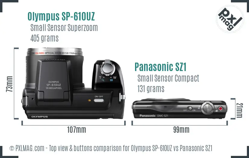 Olympus SP-610UZ vs Panasonic SZ1 top view buttons comparison