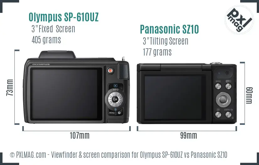 Olympus SP-610UZ vs Panasonic SZ10 Screen and Viewfinder comparison