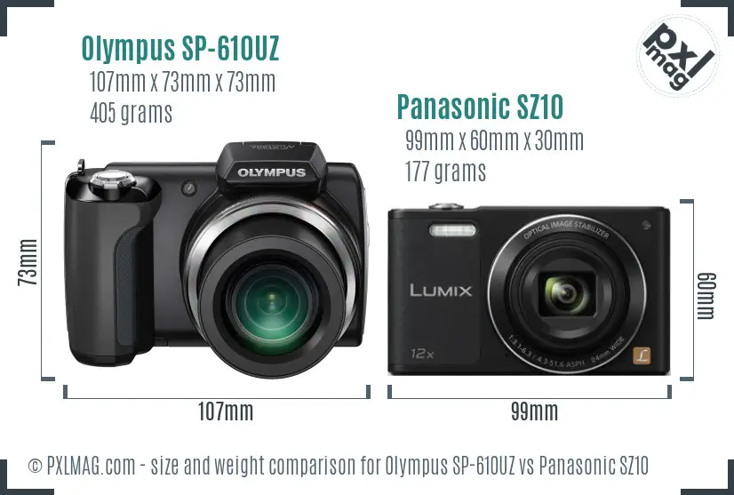 Olympus SP-610UZ vs Panasonic SZ10 size comparison