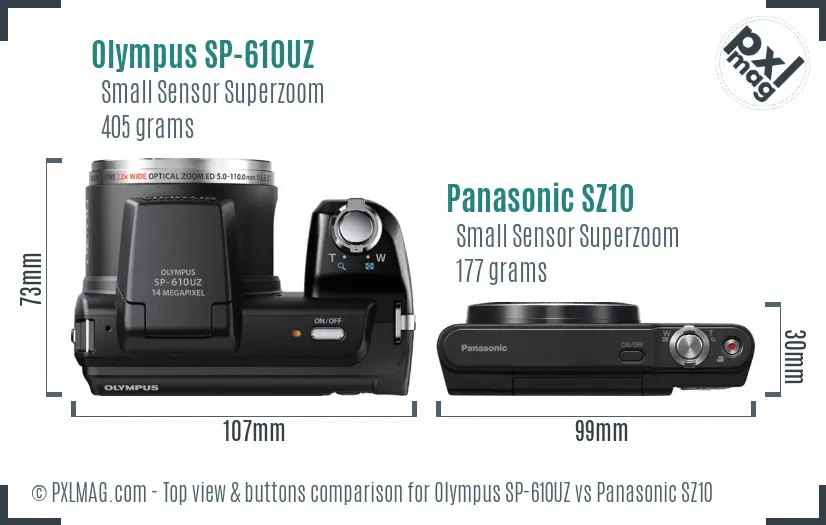 Olympus SP-610UZ vs Panasonic SZ10 top view buttons comparison