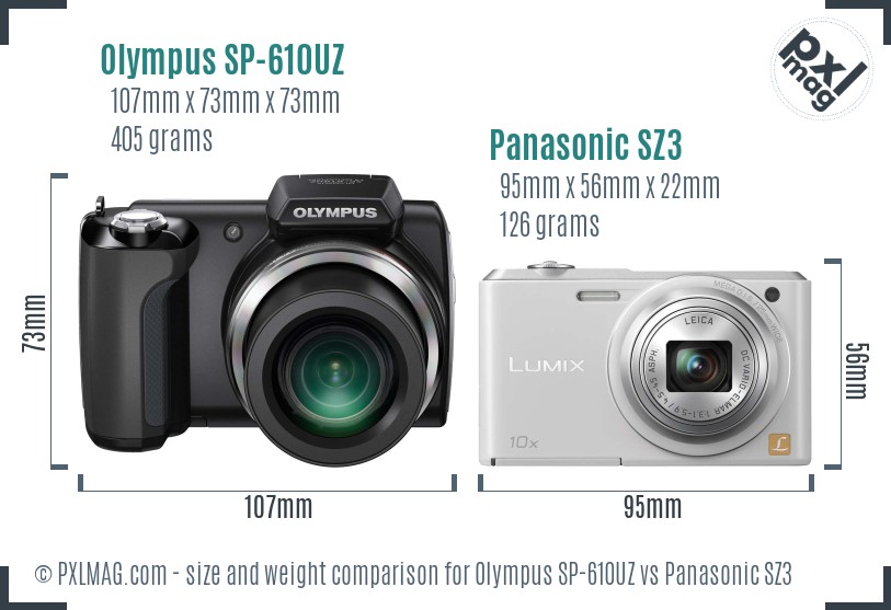 Olympus SP-610UZ vs Panasonic SZ3 size comparison