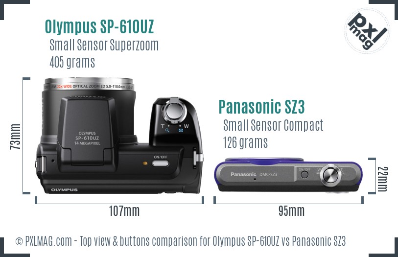 Olympus SP-610UZ vs Panasonic SZ3 top view buttons comparison