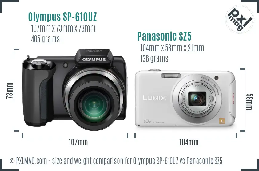 Olympus SP-610UZ vs Panasonic SZ5 size comparison