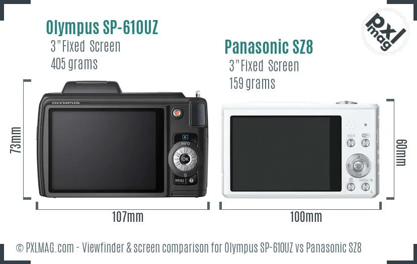 Olympus SP-610UZ vs Panasonic SZ8 Screen and Viewfinder comparison