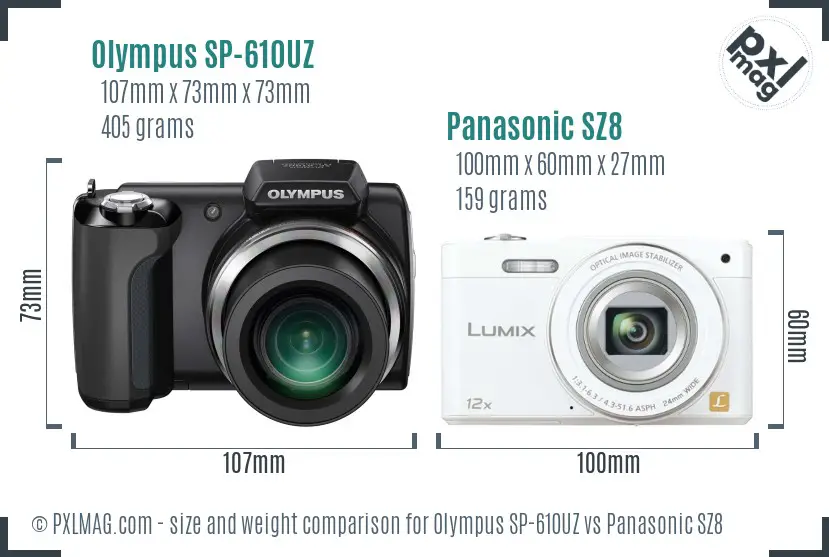 Olympus SP-610UZ vs Panasonic SZ8 size comparison