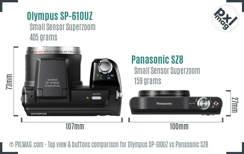 Olympus SP-610UZ vs Panasonic SZ8 top view buttons comparison