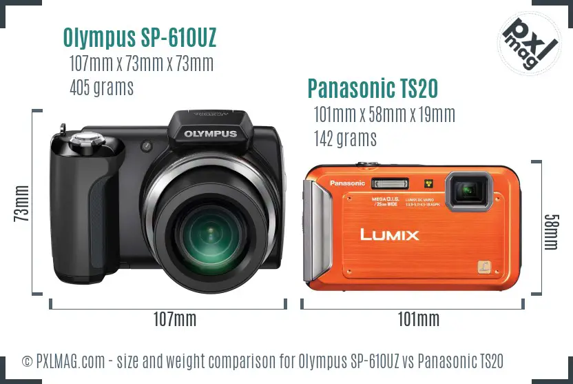 Olympus SP-610UZ vs Panasonic TS20 size comparison