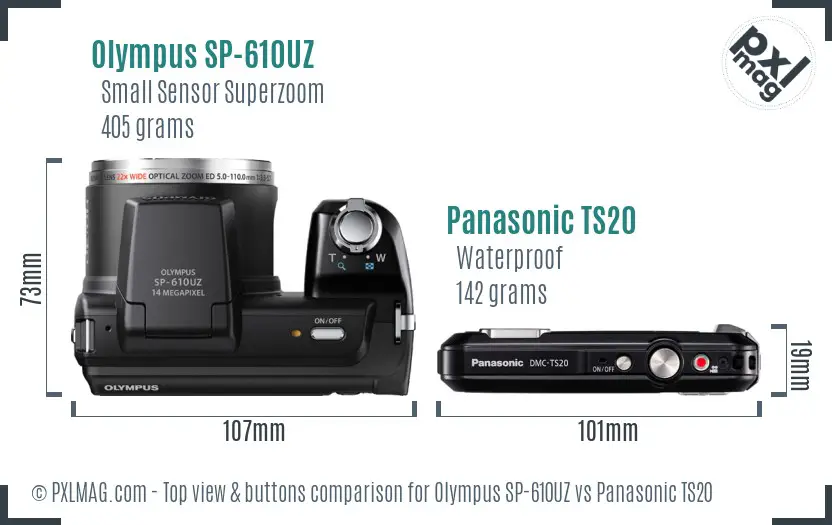 Olympus SP-610UZ vs Panasonic TS20 top view buttons comparison