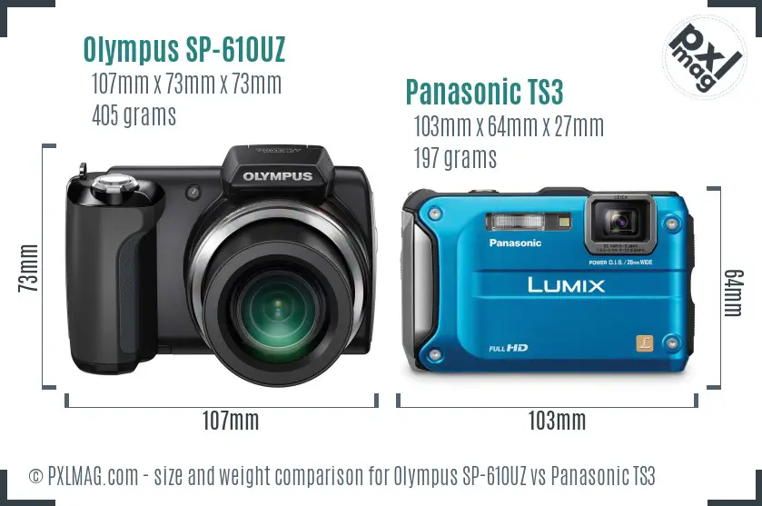 Olympus SP-610UZ vs Panasonic TS3 size comparison