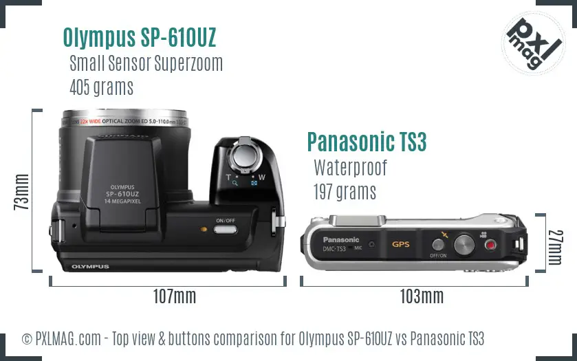Olympus SP-610UZ vs Panasonic TS3 top view buttons comparison