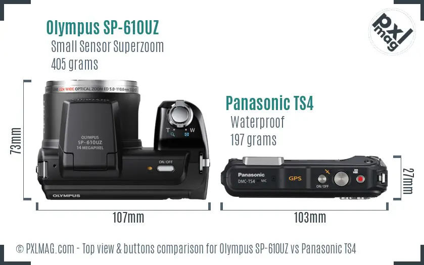 Olympus SP-610UZ vs Panasonic TS4 top view buttons comparison