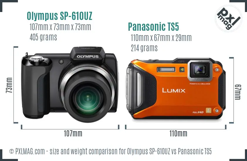 Olympus SP-610UZ vs Panasonic TS5 size comparison