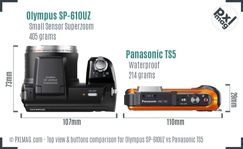 Olympus SP-610UZ vs Panasonic TS5 top view buttons comparison