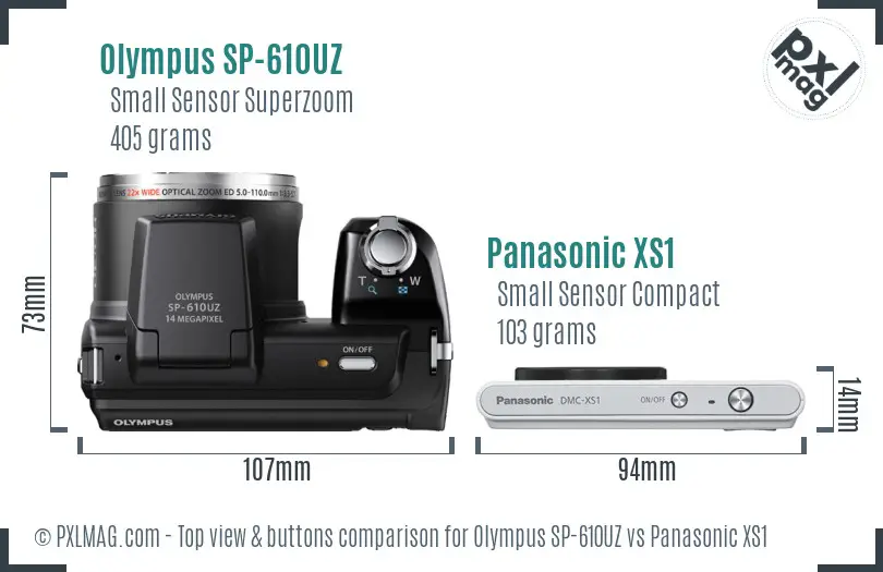 Olympus SP-610UZ vs Panasonic XS1 top view buttons comparison