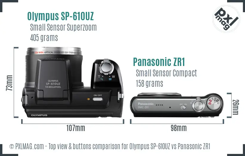 Olympus SP-610UZ vs Panasonic ZR1 top view buttons comparison
