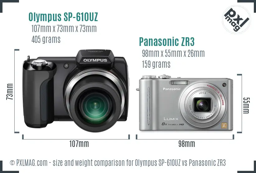 Olympus SP-610UZ vs Panasonic ZR3 size comparison