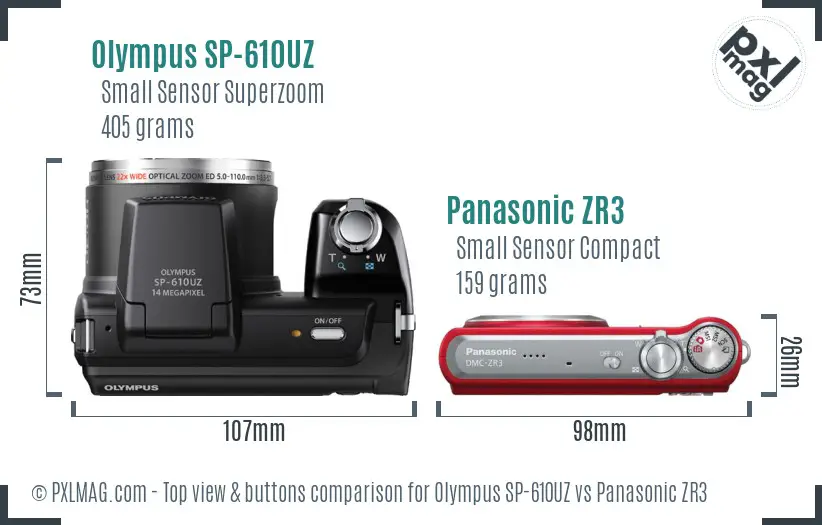 Olympus SP-610UZ vs Panasonic ZR3 top view buttons comparison