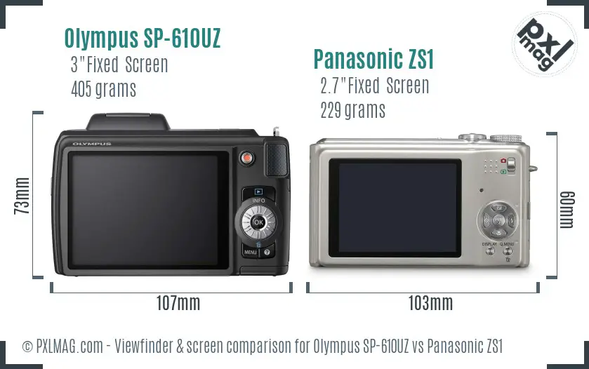 Olympus SP-610UZ vs Panasonic ZS1 Screen and Viewfinder comparison
