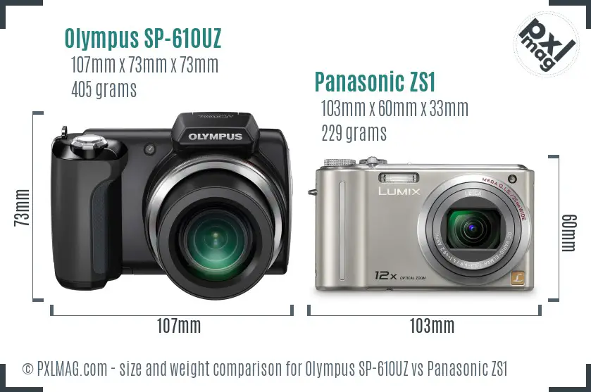 Olympus SP-610UZ vs Panasonic ZS1 size comparison