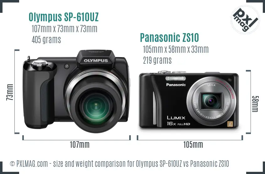 Olympus SP-610UZ vs Panasonic ZS10 size comparison