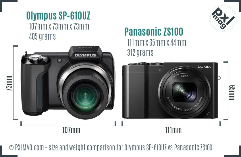 Olympus SP-610UZ vs Panasonic ZS100 size comparison