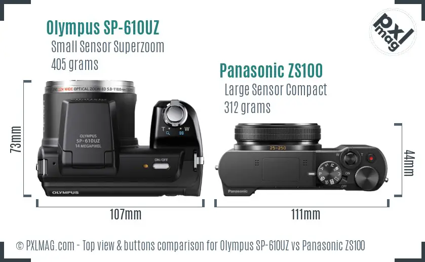 Olympus SP-610UZ vs Panasonic ZS100 top view buttons comparison