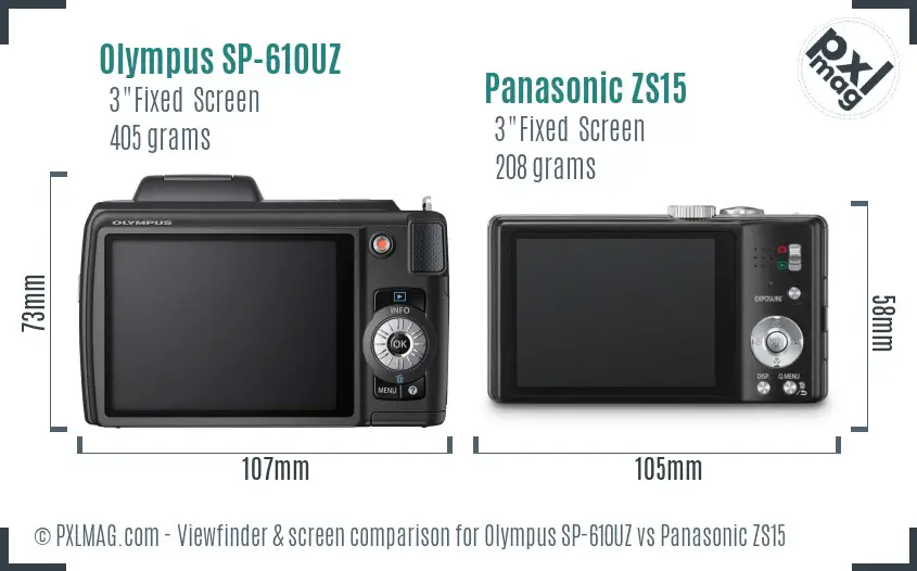 Olympus SP-610UZ vs Panasonic ZS15 Screen and Viewfinder comparison