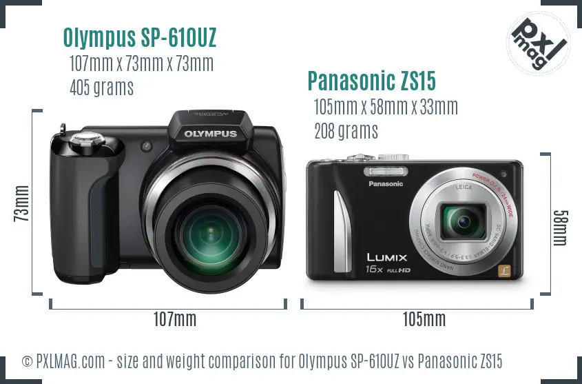 Olympus SP-610UZ vs Panasonic ZS15 size comparison