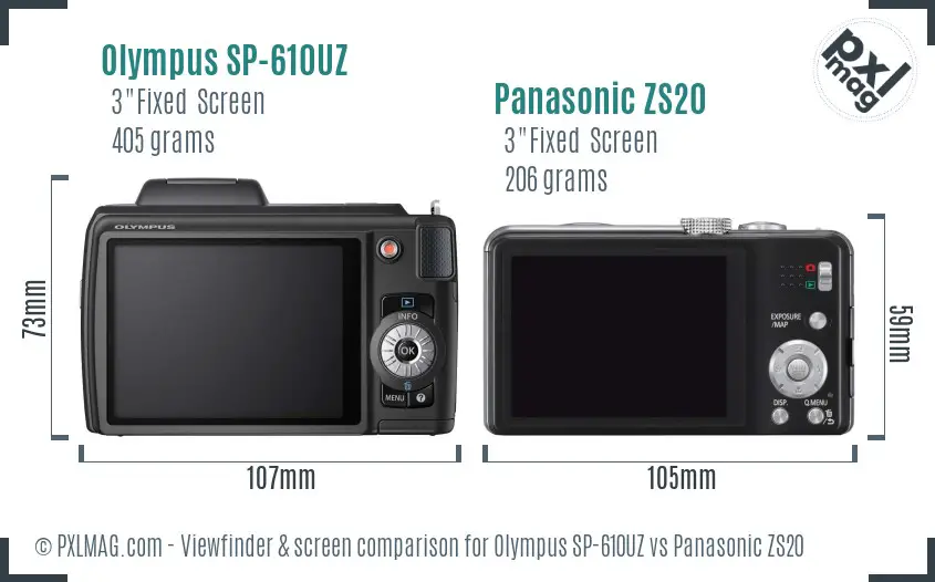 Olympus SP-610UZ vs Panasonic ZS20 Screen and Viewfinder comparison