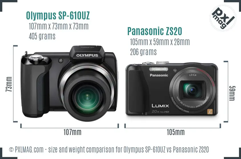 Olympus SP-610UZ vs Panasonic ZS20 size comparison