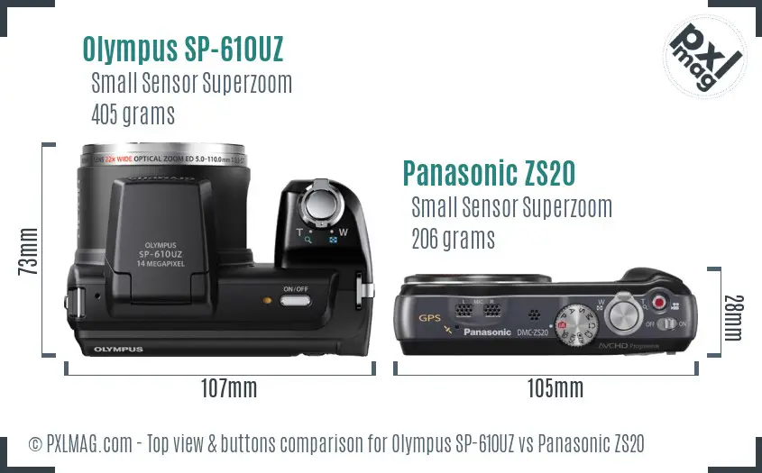 Olympus SP-610UZ vs Panasonic ZS20 top view buttons comparison