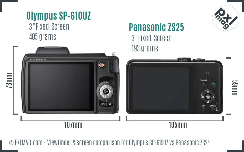 Olympus SP-610UZ vs Panasonic ZS25 Screen and Viewfinder comparison