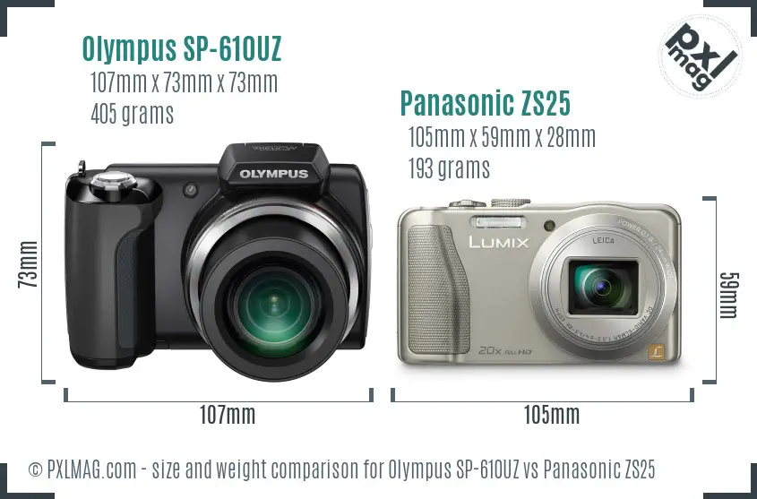 Olympus SP-610UZ vs Panasonic ZS25 size comparison