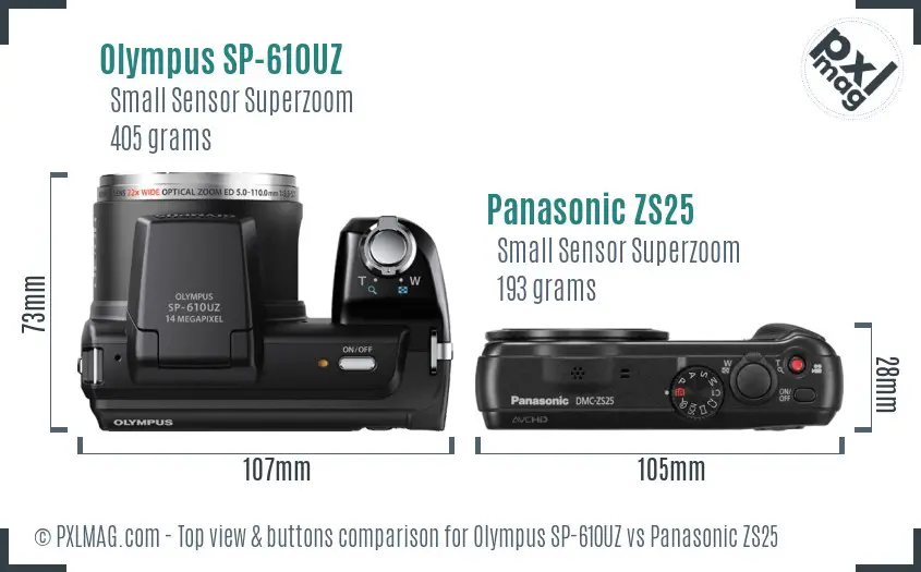 Olympus SP-610UZ vs Panasonic ZS25 top view buttons comparison