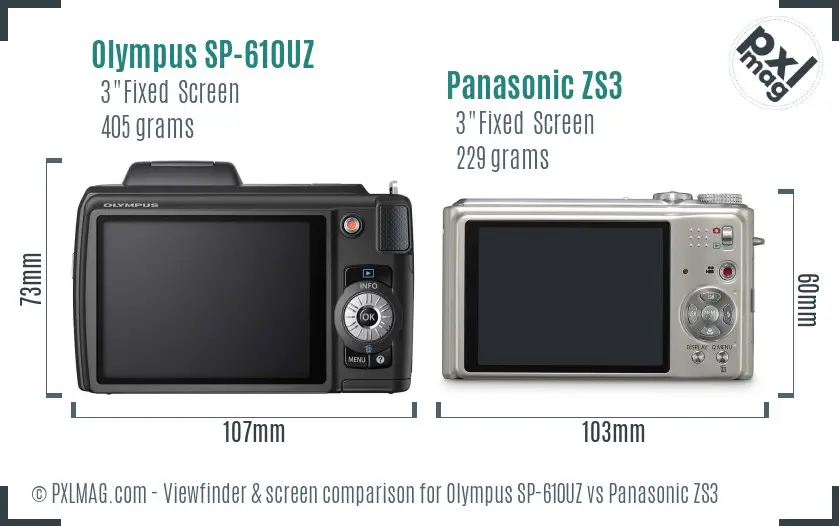 Olympus SP-610UZ vs Panasonic ZS3 Screen and Viewfinder comparison