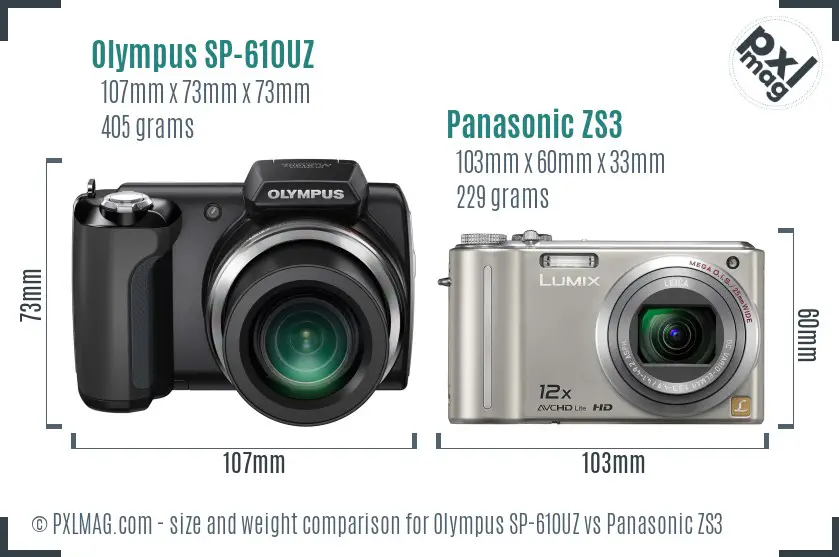 Olympus SP-610UZ vs Panasonic ZS3 size comparison