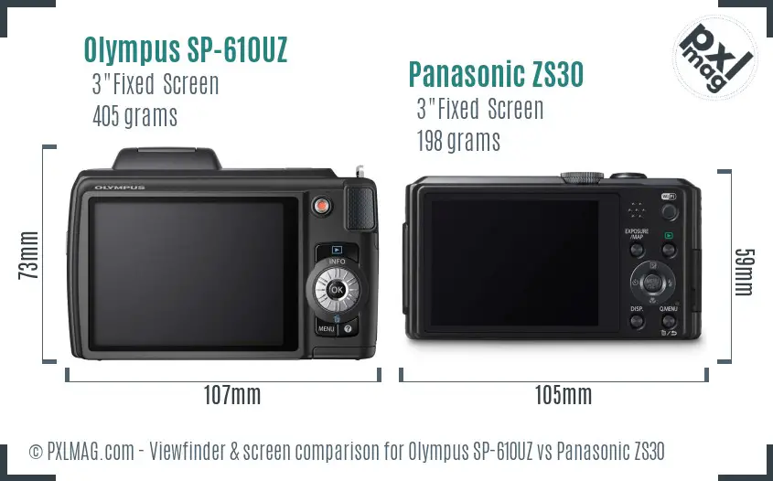 Olympus SP-610UZ vs Panasonic ZS30 Screen and Viewfinder comparison