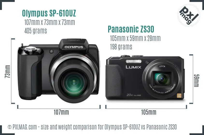 Olympus SP-610UZ vs Panasonic ZS30 size comparison