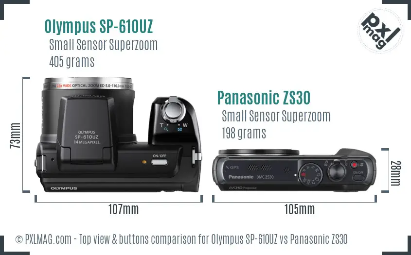 Olympus SP-610UZ vs Panasonic ZS30 top view buttons comparison