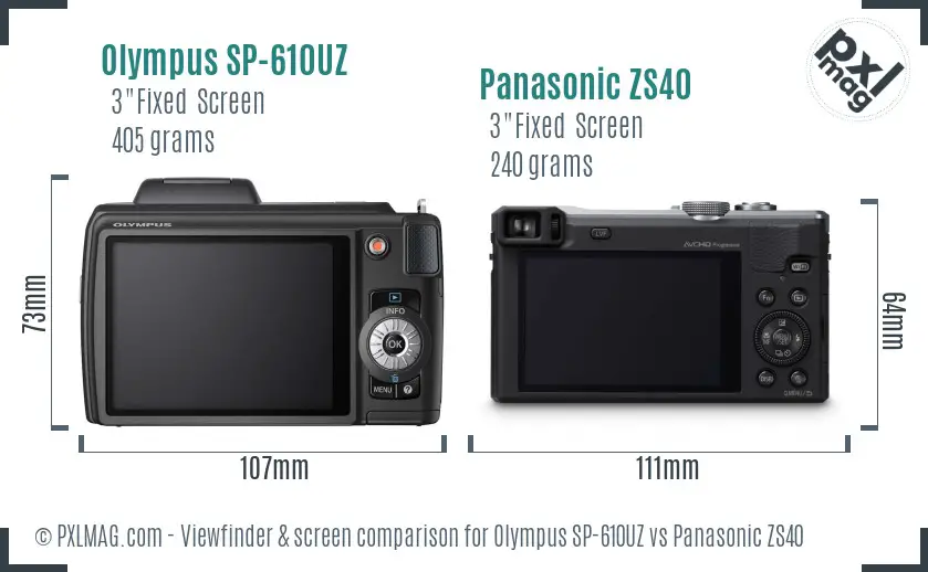 Olympus SP-610UZ vs Panasonic ZS40 Screen and Viewfinder comparison