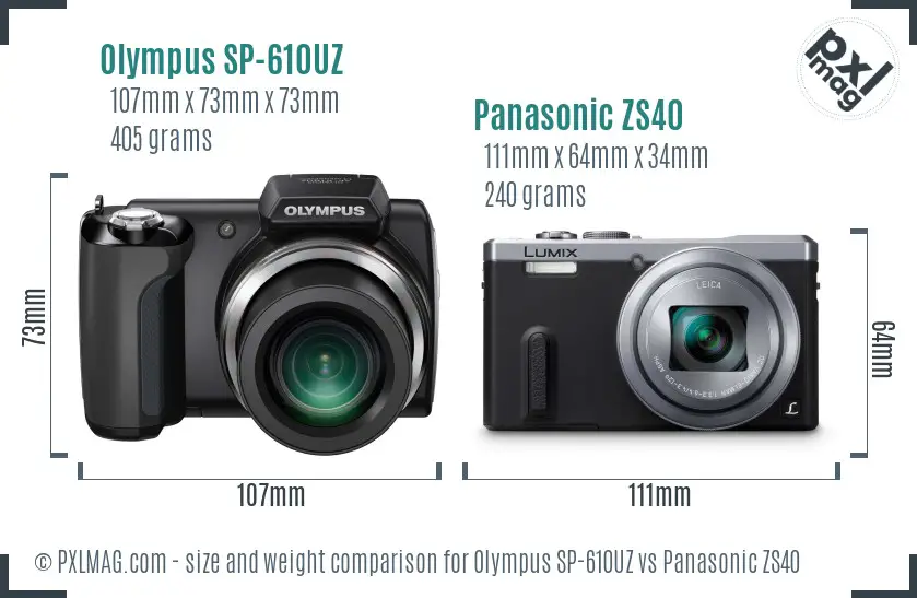 Olympus SP-610UZ vs Panasonic ZS40 size comparison