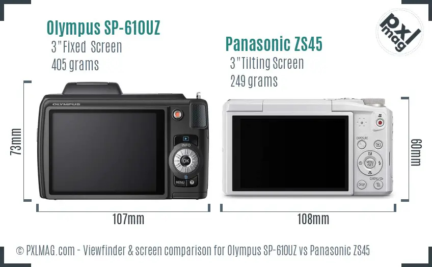 Olympus SP-610UZ vs Panasonic ZS45 Screen and Viewfinder comparison
