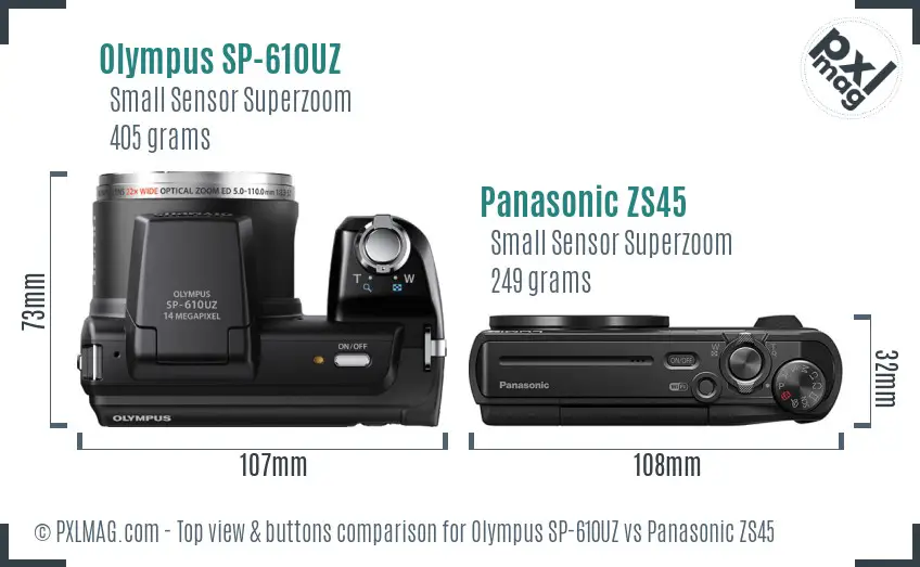 Olympus SP-610UZ vs Panasonic ZS45 top view buttons comparison