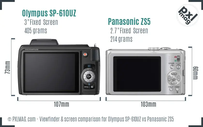 Olympus SP-610UZ vs Panasonic ZS5 Screen and Viewfinder comparison